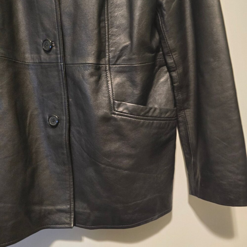 Vintage 90s Style & Co. Genuine Leather Long Waisted Black Jacket, Sz L - Picture 4 of 7